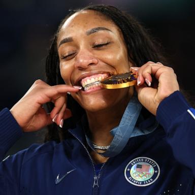 PHOTO: Gold medalist A'Ja Wilson #9 of Team United States poses for a photo during the Women's basketball medal ceremony on day sixteen of the Olympic Games Paris 2024 on Aug. 11, 2024 in Paris.