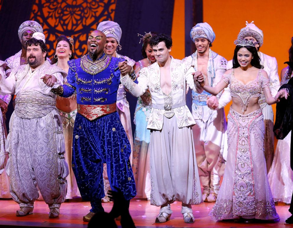 PHOTO: Brian Gonzales, Michael James Scott, Ainsley Melham and Arielle Jacobs attend  "Aladdin" Broadway curtain call at New Amsterdam Theatre on Feb. 21, 2019 in New York