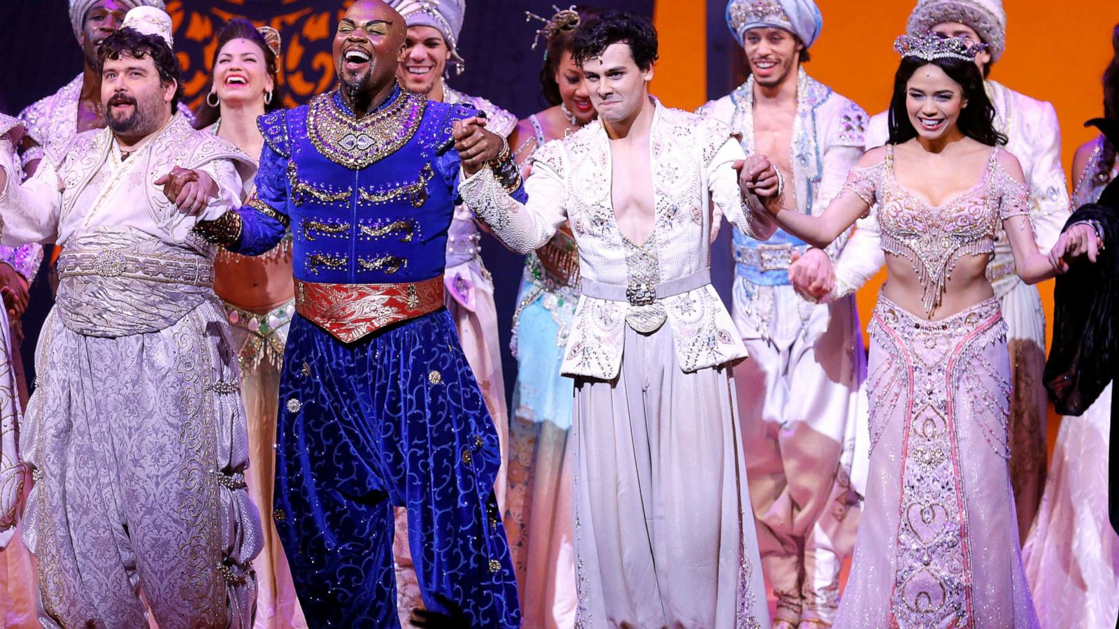 PHOTO: Brian Gonzales, Michael James Scott, Ainsley Melham and Arielle Jacobs attend "Aladdin" Broadway curtain call at New Amsterdam Theatre on Feb. 21, 2019 in New York