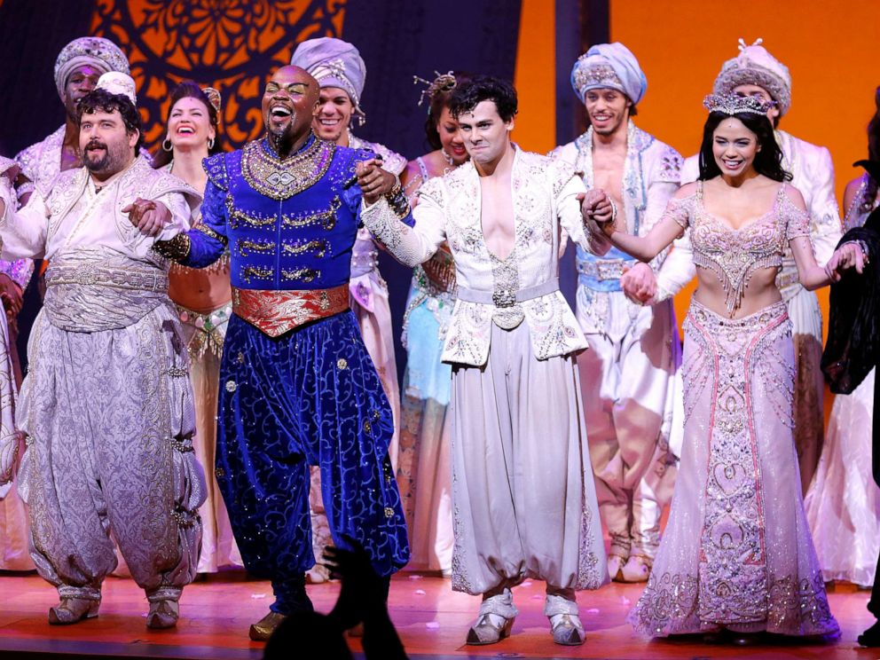 PHOTO: Brian Gonzales, Michael James Scott, Ainsley Melham and Arielle Jacobs attend  "Aladdin" Broadway curtain call at New Amsterdam Theatre on Feb. 21, 2019 in New York