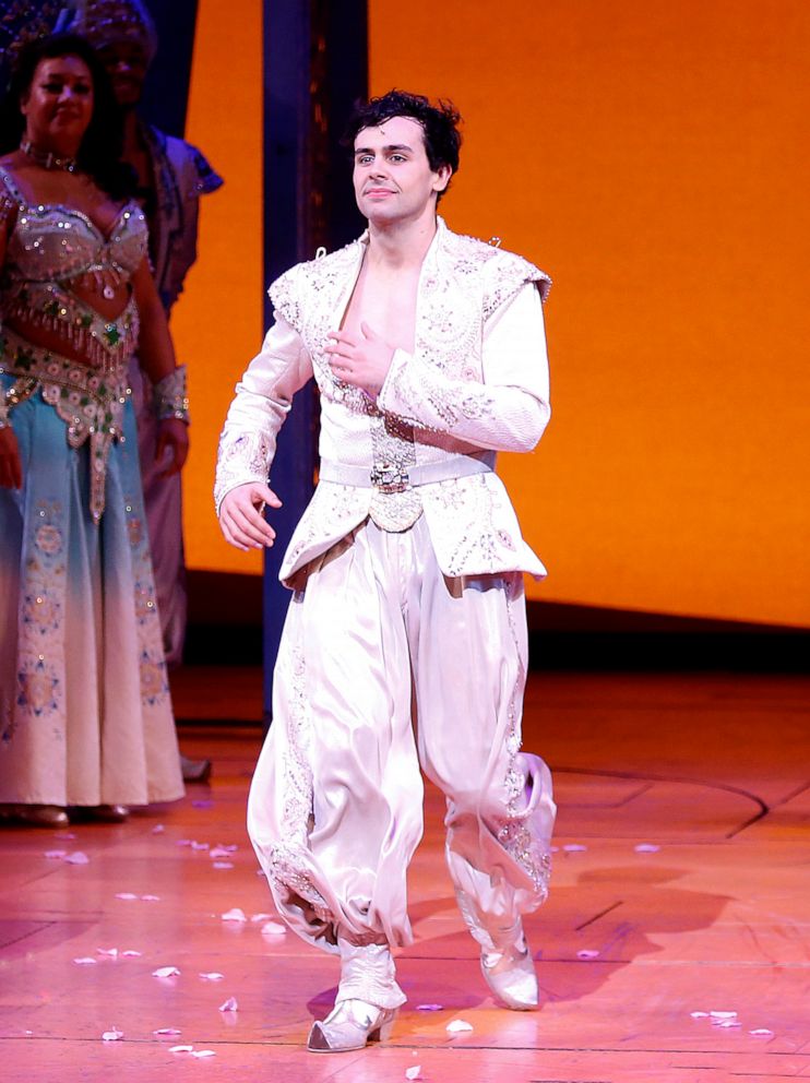 PHOTO: Ainsley Melham walks onstage during the "Aladdin" Broadway curtain call at New Amsterdam Theatre on Feb. 21, 2019, in New York.