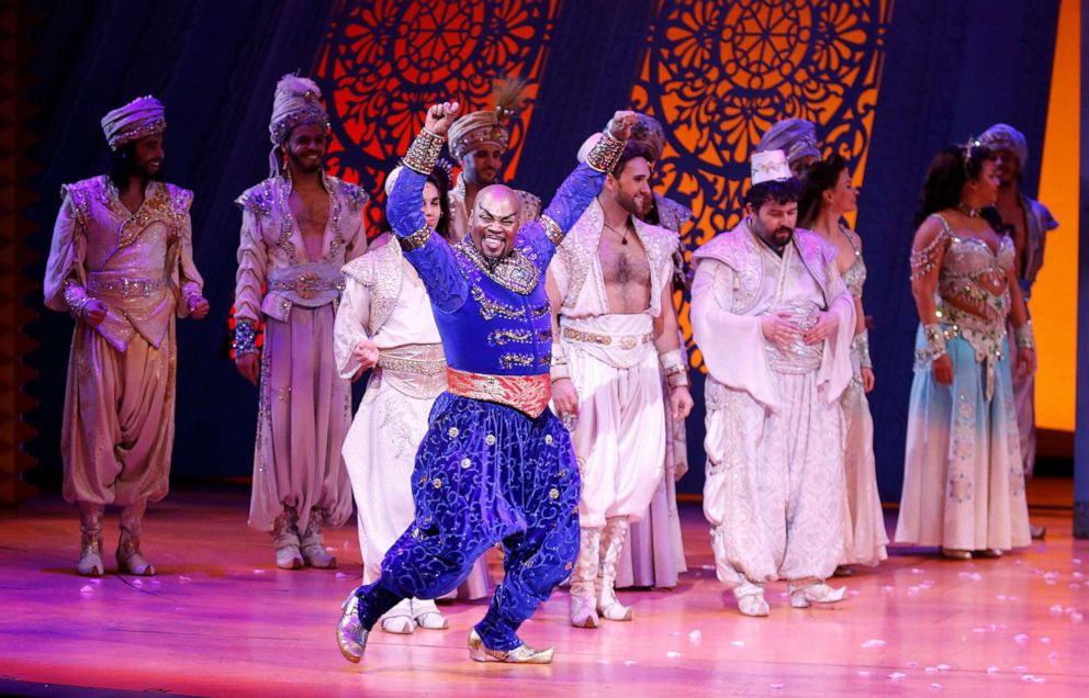 PHOTO: Michael James Scott performs during the "Aladdin" Broadway curtain call at New Amsterdam Theatre on Feb. 21, 2019, in New York.