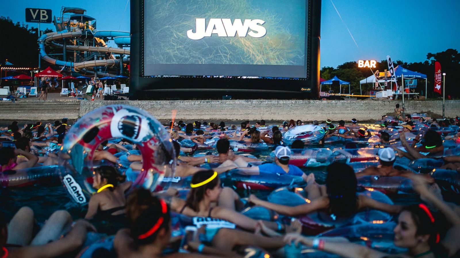 PHOTO: People watch the film "Jaws" while floating on inner tubes at Volente Beach Water Park in Leander, Texas in this undated publicity image.