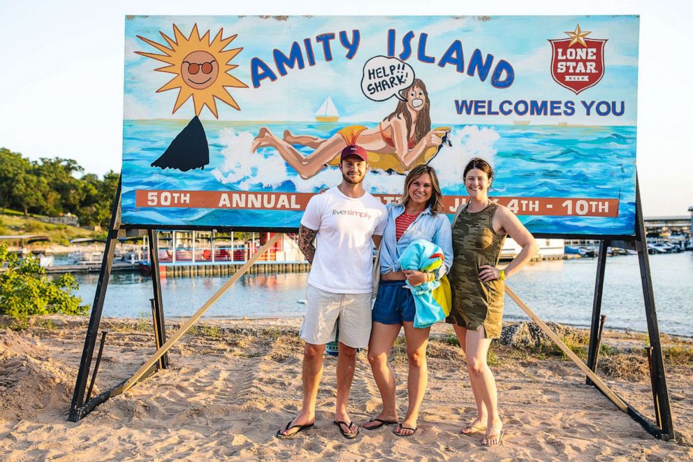 PHOTO: People stand in front of an Amity Island sign at Volente Beach Water Park in Leander, Texas in this undated publicity image.