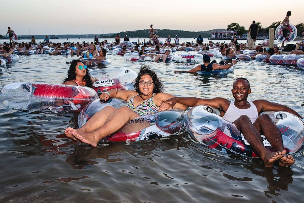 PHOTO: People watch the film "Jaws" while floating on inner tubes at Volente Beach Water Park in Leander, Texas in this undated publicity image.