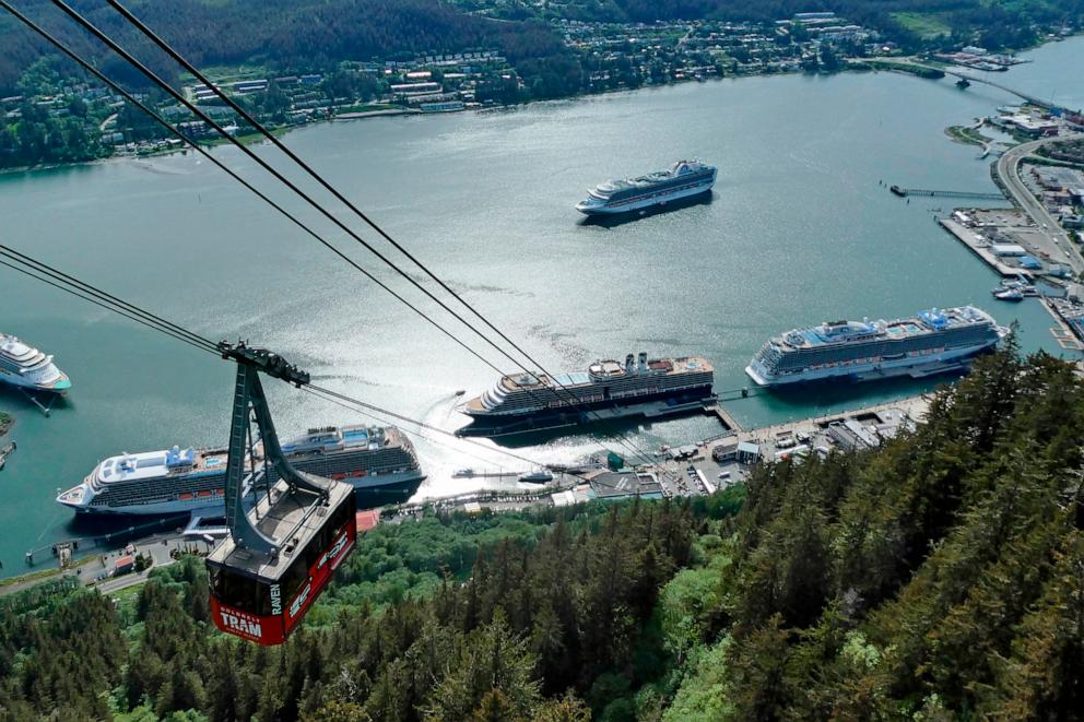 PHOTO: Cruise ships are shown near downtown Juneau on June 7, 2023, along the Gastineau Channel, in Alaska.