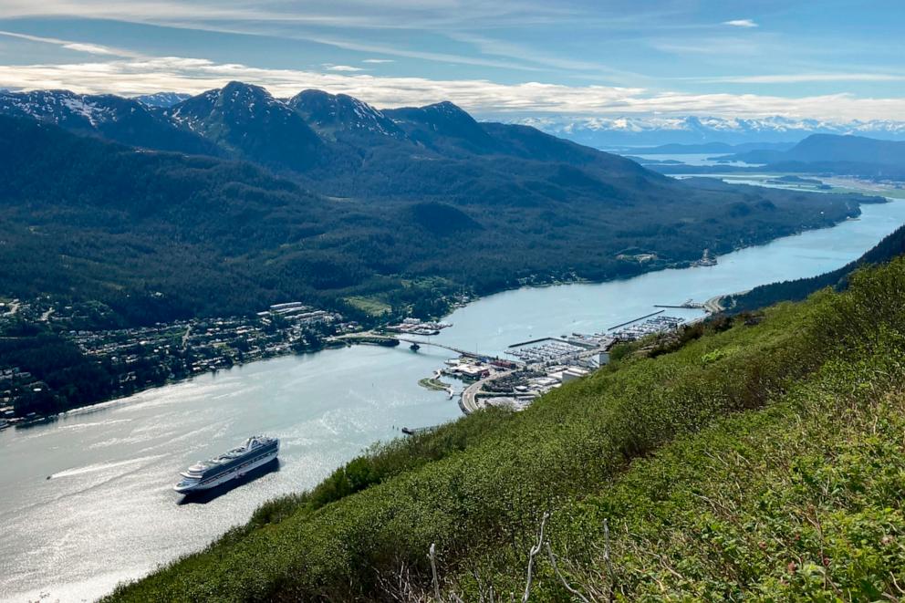 PHOTO: A cruise ship departs from downtown Juneau, on June 7, 2023, along the Gastineau Channel, in Alaska.