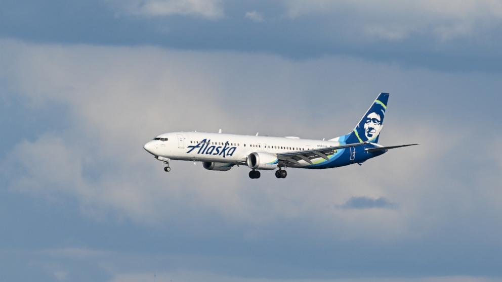 PHOTO: An Alaska Airlines plane lands at San Francisco International Airport (SFO) in San Francisco, Feb. 7, 2025. 