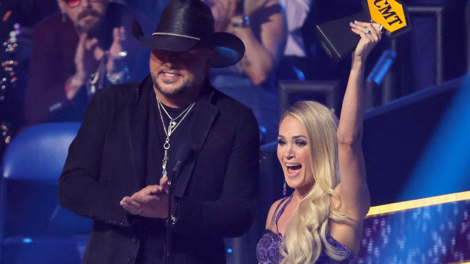 PHOTO: Jason Aldean and Carrie Underwood accept the Collaborative Video award onstage for "If I Didn't Love You" at the 2022 CMT Music Awards, April 11, 2022, in Nashville, Tenn.