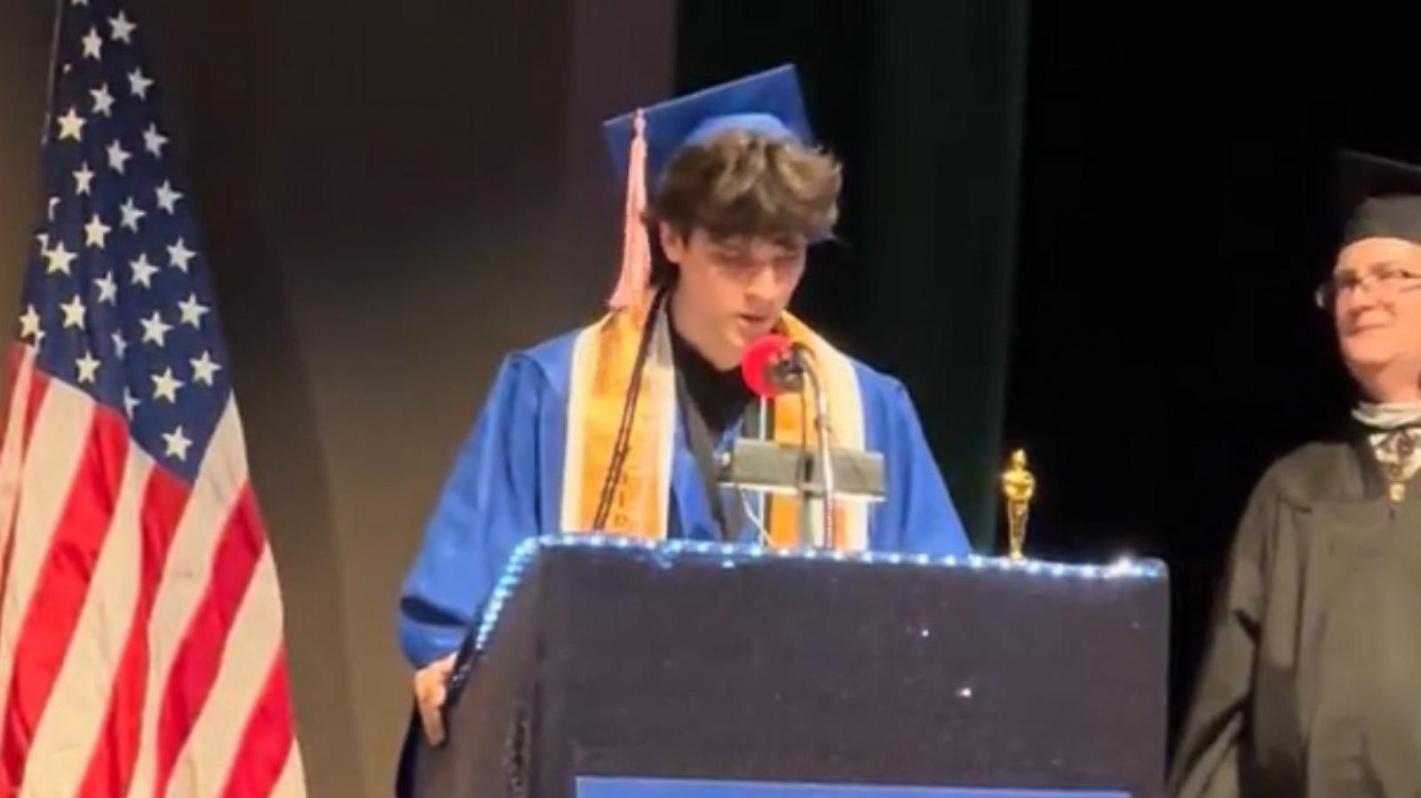 PHOTO: Alem Hadzic, the valedictorian of Early College High School in Farmers Branch, Texas, delivered a touching graduation speech following his father’s funeral, on May 16, 2024.