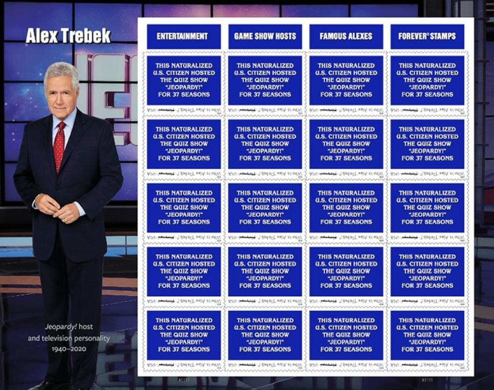 PHOTO: The U.S. Postal Service is honoring late “Jeopardy!” host Alex Trebek with new forever stamps.