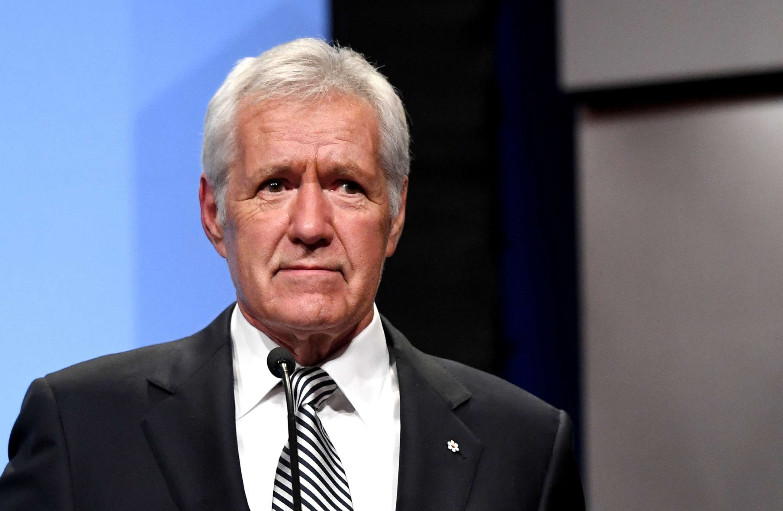 PHOTO: "Jeopardy!" host Alex Trebek speaks as he is inducted into the National Association of Broadcasters Broadcasting Hall of Fame during the NAB Achievement in Broadcasting Dinner at the Encore Las Vegas, April 9, 2018.