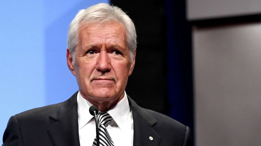 PHOTO: "Jeopardy!" host Alex Trebek speaks as he is inducted into the National Association of Broadcasters Broadcasting Hall of Fame during the NAB Achievement in Broadcasting Dinner at the Encore Las Vegas, April 9, 2018.