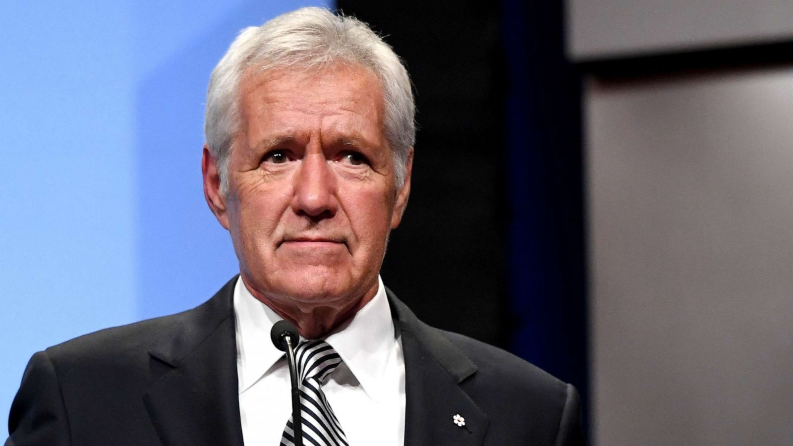 PHOTO: "Jeopardy!" host Alex Trebek speaks as he is inducted into the National Association of Broadcasters Broadcasting Hall of Fame during the NAB Achievement in Broadcasting Dinner at the Encore Las Vegas, April 9, 2018.