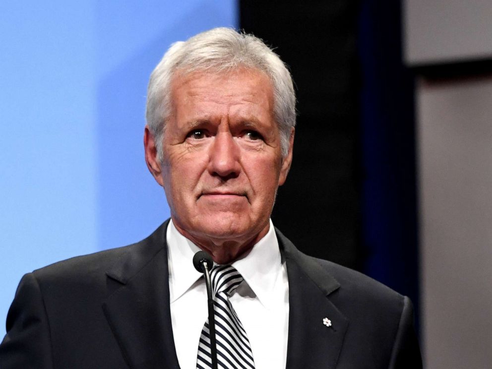 PHOTO: Jeopardy! host Alex Trebek speaks as he is inducted into the National Association of Broadcasters Broadcasting Hall of Fame during the NAB Achievement in Broadcasting Dinner at the Encore Las Vegas, April 9, 2018.