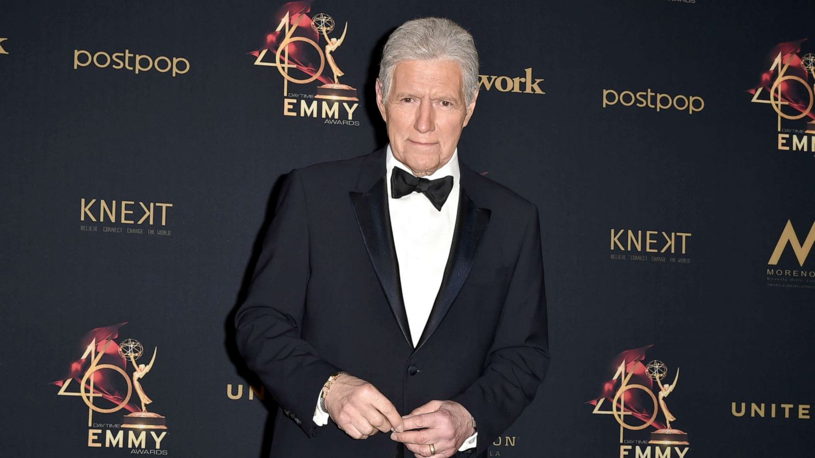 PHOTO: Alex Trebek, winner of the Outstanding Game Show Host award, poses at the 46th annual Daytime Emmy Awards at Pasadena Civic Center, May 5, 2019, in Pasadena, Calif.