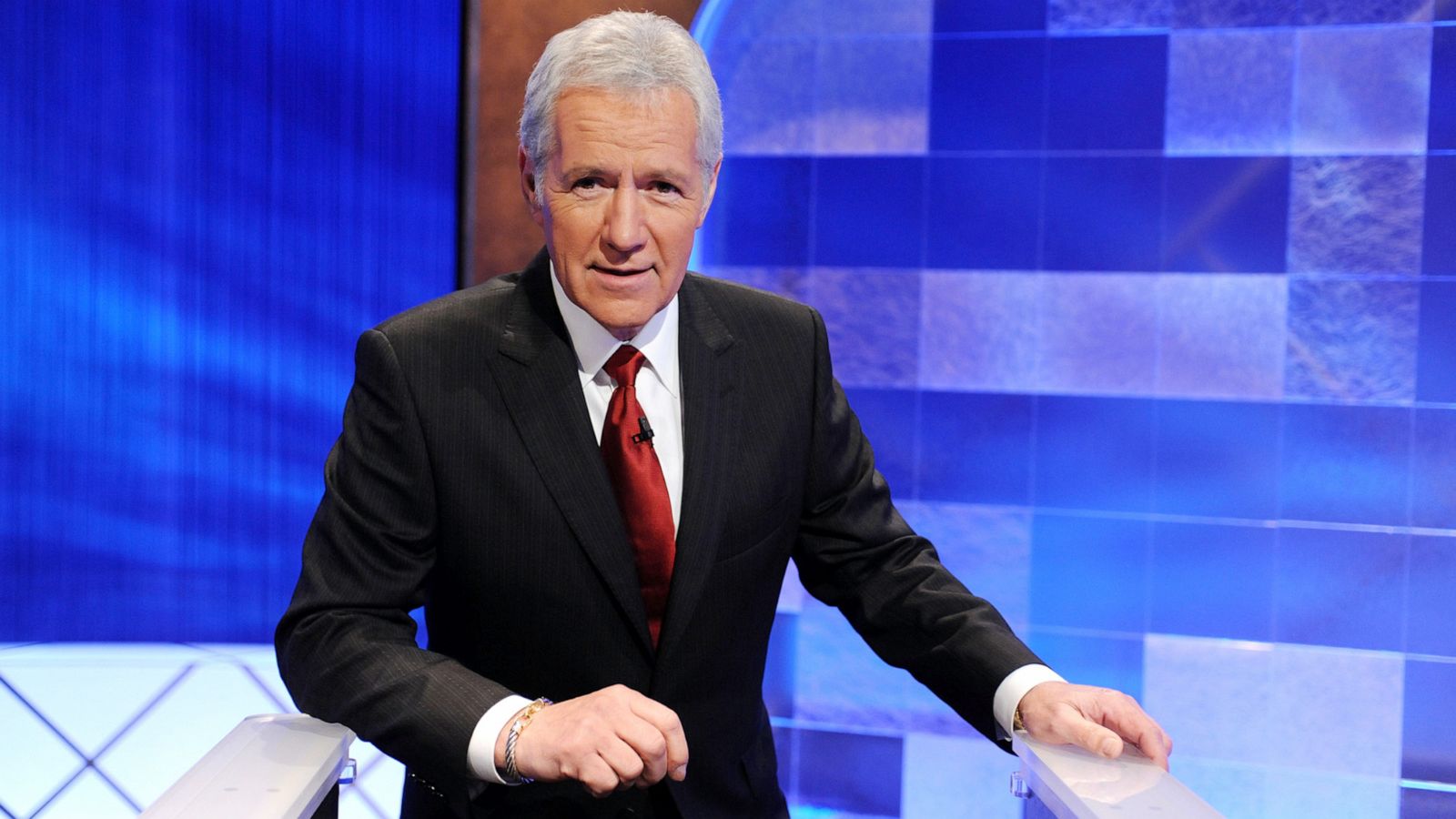 PHOTO: Game show host Alex Trebek poses on the set of the "Jeopardy!" Million Dollar Celebrity Invitational Tournament Show Taping in Culver City, Calif., April 17, 2010.