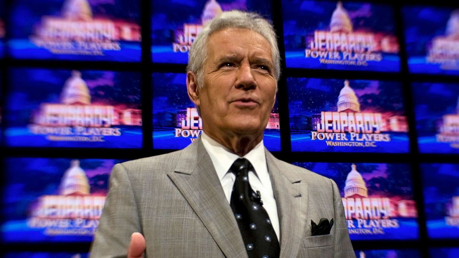 PHOTO: Alex Trebek poses on the set of his game show, "Jeopardy," April 21, 2012, during a special taping in Washington, D.C.