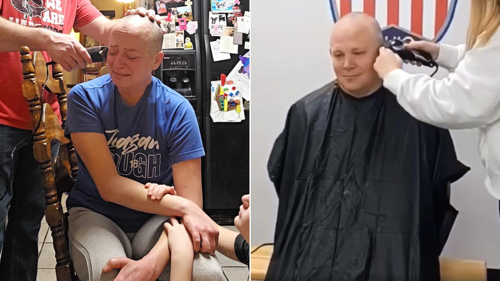 PHOTO: After mom Ali Campbell shared an emotional video of her getting her head shaved amid cancer treatment, Goshen police officers united to shave their heads in solidarity with her.