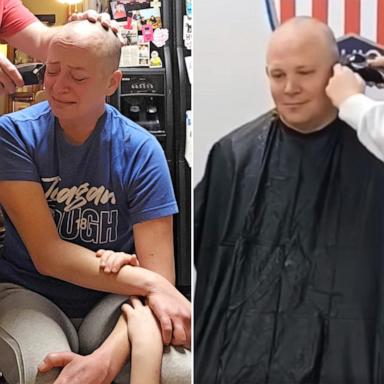 PHOTO: After mom Ali Campbell shared an emotional video of her getting her head shaved amid cancer treatment, Goshen police officers united to shave their heads in solidarity with her.