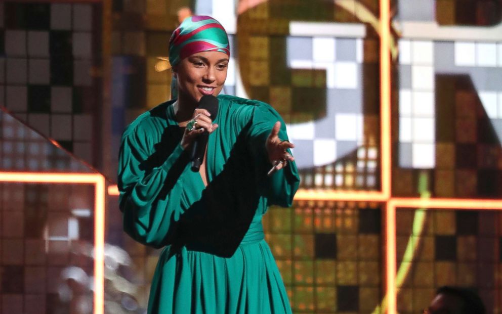 PHOTO: Host Alicia Keys speaks at the 61st annual Grammy Awards, Feb. 10, 2019, in Los Angeles.