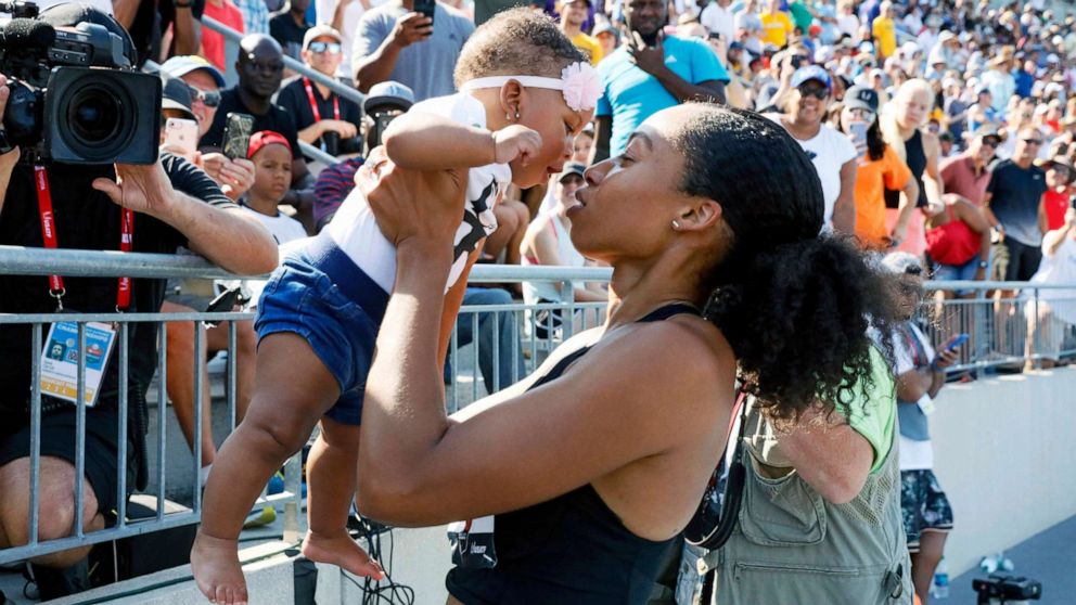 PHOTO: Allyson Felix holds her daughter Camryn after running the women's 400-meter dash final at the U.S. Championships athletics meet in Des Moines, Iowa, July 27, 2019.