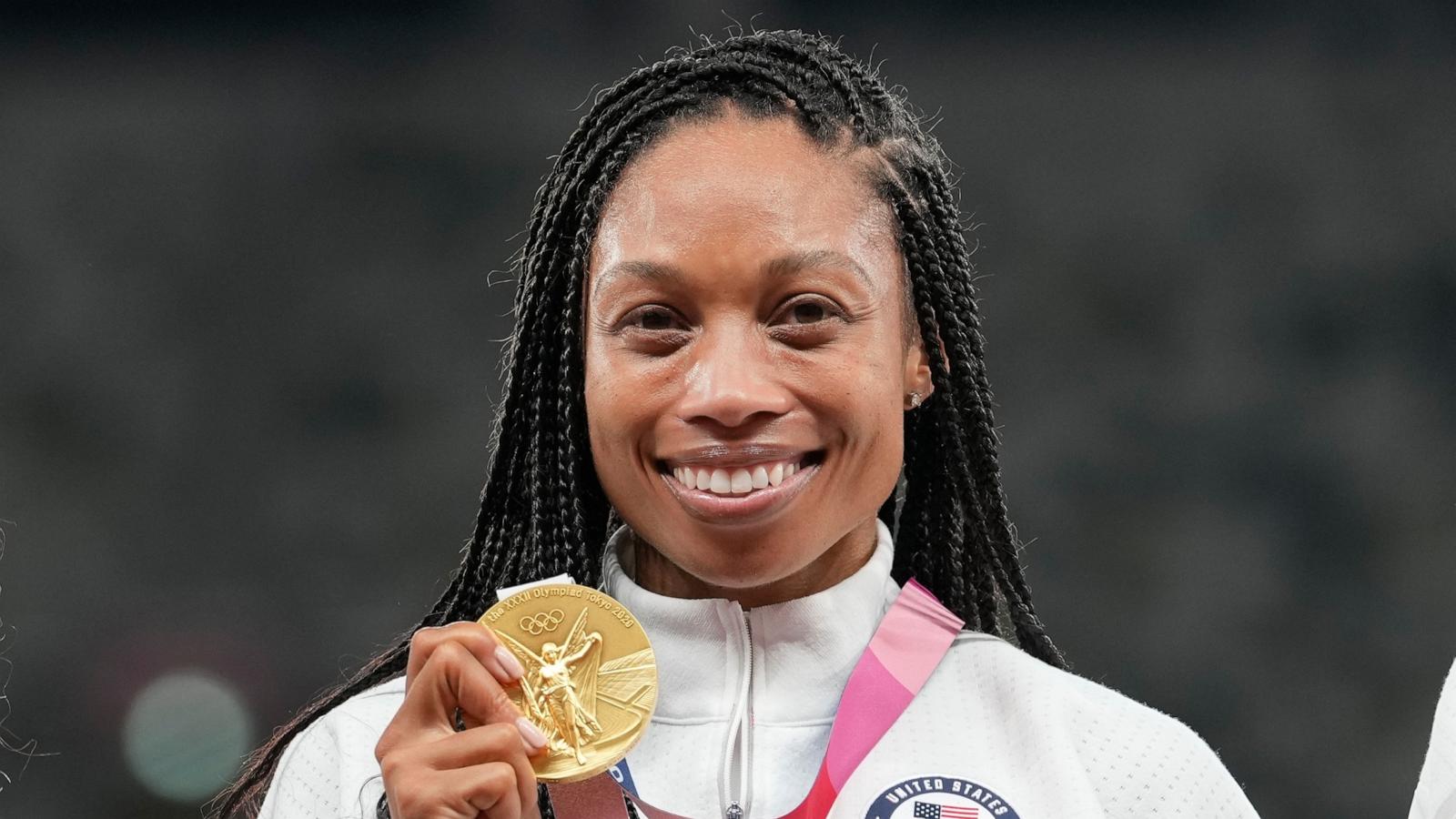 PHOTO: Allyson Felix, of United States, poses with her gold medal for the women's 4 x 400-meter relay at the 2020 Summer Olympics, Aug. 7, 2021, in Tokyo.