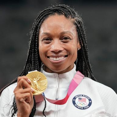 PHOTO: Allyson Felix, of United States, poses with her gold medal for the women's 4 x 400-meter relay at the 2020 Summer Olympics, Aug. 7, 2021, in Tokyo.