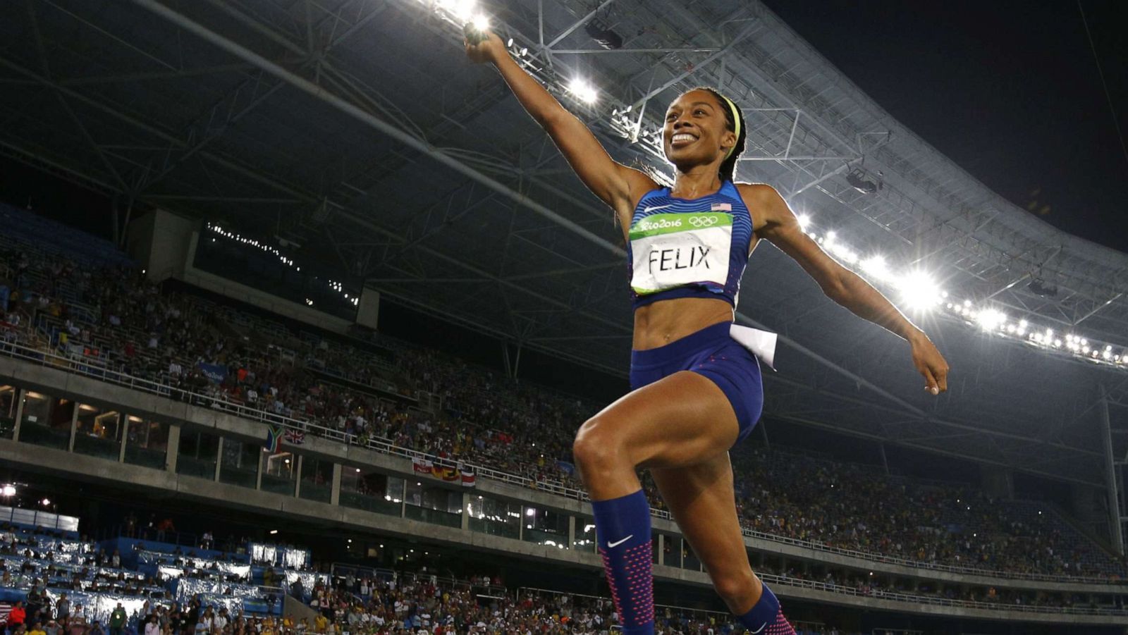 PHOTO: Allyson Felix celebrates winning the Women's 4x400m Relay Final during the athletics event at the Rio 2016 Olympic Games at the Olympic Stadium in Rio de Janeiro, Aug. 20, 2016.