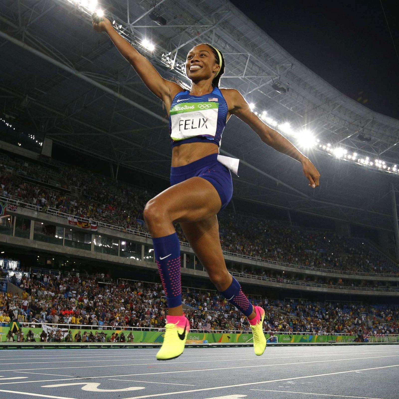 PHOTO:  Allyson Felix celebrates winning the Women's 4x400m Relay Final during the athletics event at the Rio 2016 Olympic Games at the Olympic Stadium in Rio de Janeiro, Aug. 20, 2016.