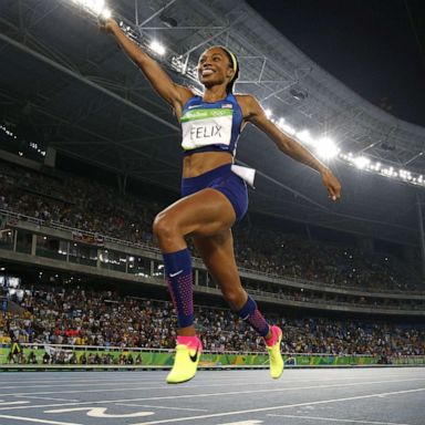 PHOTO: Allyson Felix celebrates winning the Women's 4x400m Relay Final during the athletics event at the Rio 2016 Olympic Games at the Olympic Stadium in Rio de Janeiro, Aug. 20, 2016.