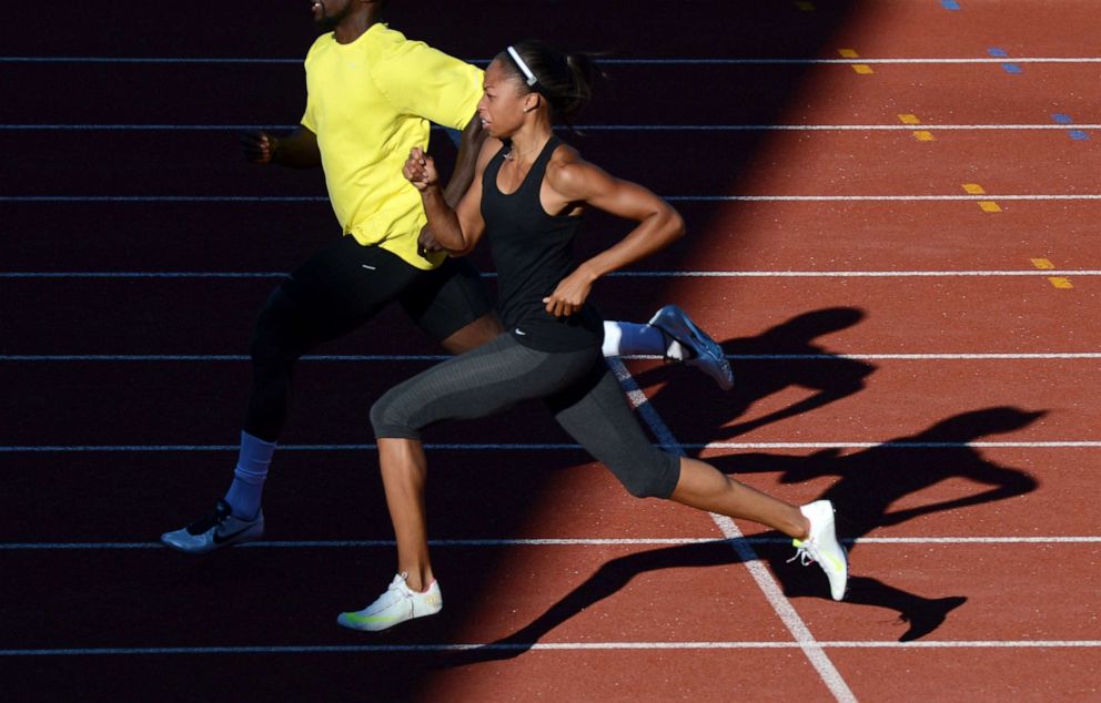 PHOTO: Allyson Felix practices during a training session at Alexander Stadium, the US Olympic athletics team training camp, in Birmingham on July 23, 2012 four days before the official start of the London 2012 Olympic Games. 