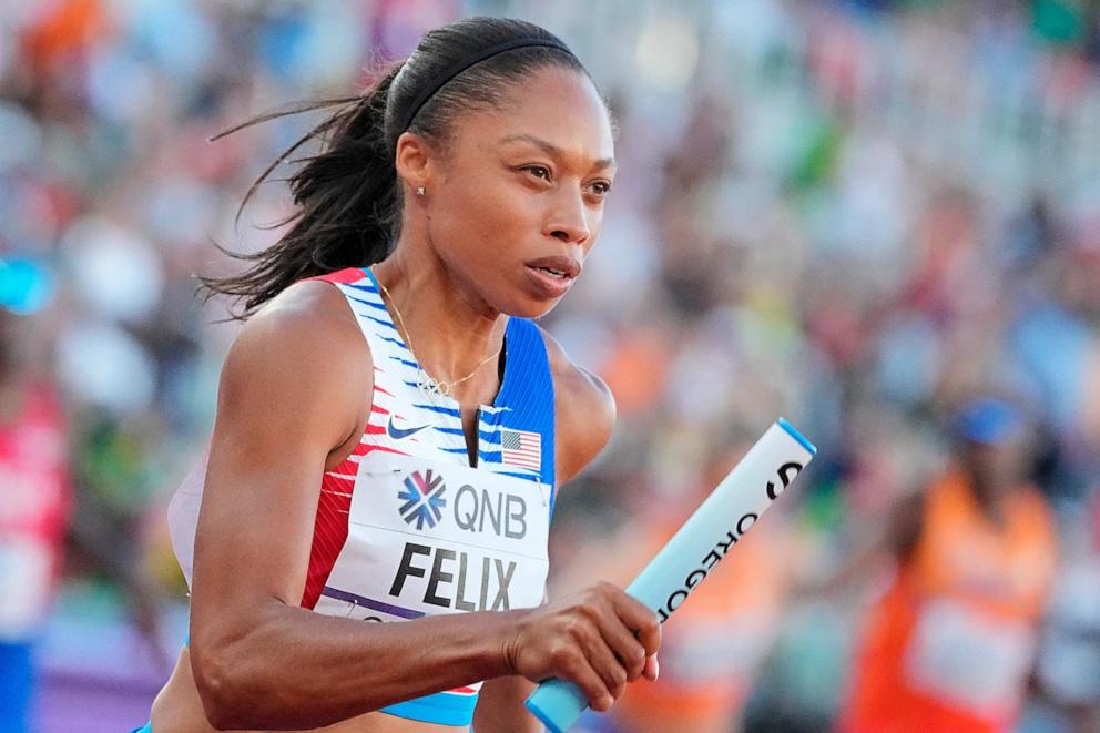 PHOTO: In this July 16, 2022, file photo, Allyson Felix, multiple sprint world champion runs her last race in Eugene, Oregon. The USA relay team took bronze. 