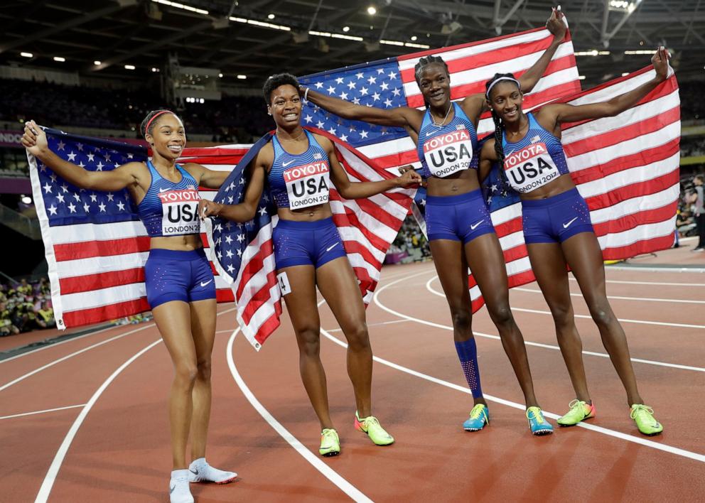 PHOTO: In this Aug. 13, 2017, file photo, the gold medal winning US relay team, from left, Allyson Felix, Phyllis Francis, Quanera Hayes and Shakima Wimbley celebrate during the World Athletics Championships in London. 