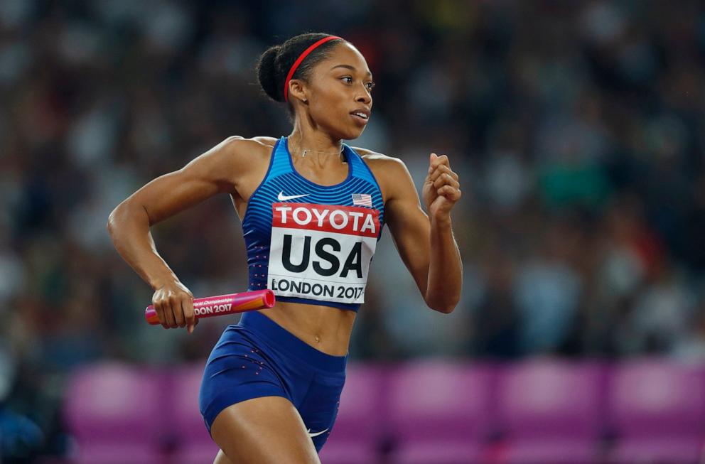 PHOTO: In this Aug. 13, 2017, file photo, Allyson Felix competes in the women's 4x400-meter final during the World Athletics Championships in London.