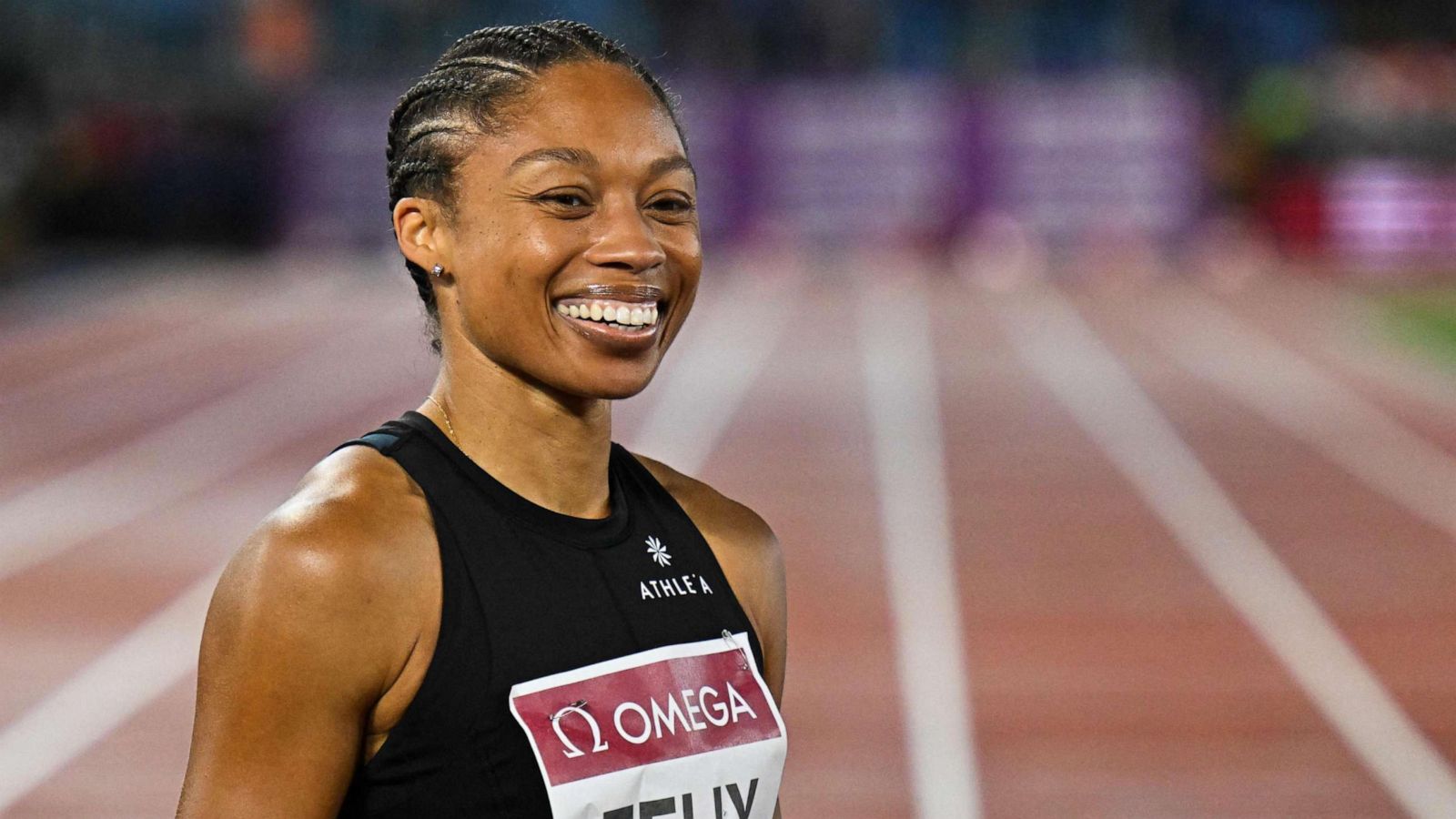 PHOTO: Allyson Felix reacts after placing 7th of the Women's 200m event, June 9, 2022, during the Wanda Diamond League athletics meeting at the Olympic Stadium in Rome.