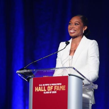 PHOTO: Allyson Felix gives a speech at the 2025 U.S. Olympic and Paralympic Hall of Fame Induction Ceremony in Colorado Springs on July 12, 2025.