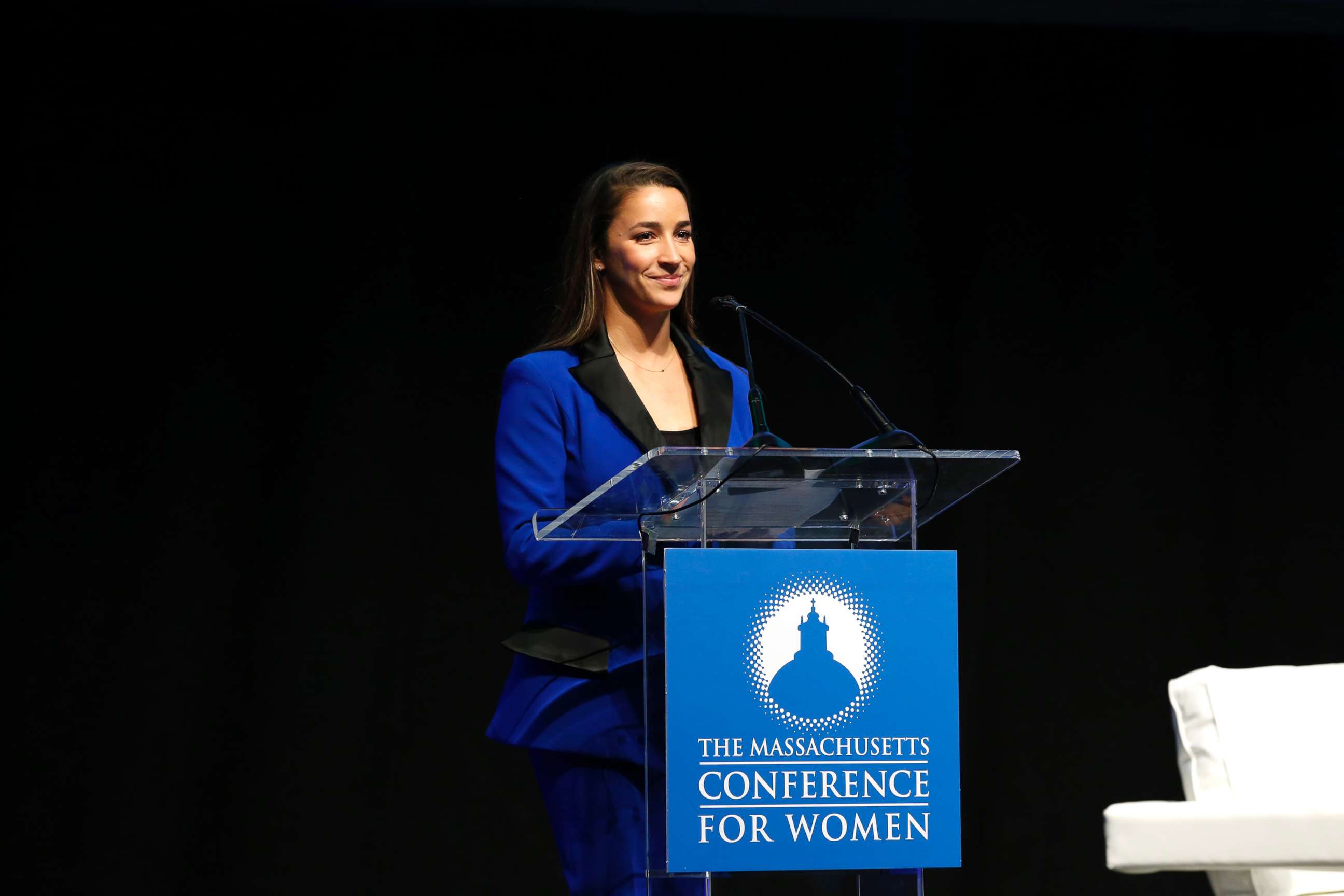 PHOTO: Captain of the gold medal-winning U.S. Olympic women's gymnastics teams in 2012 and 2016 Aly Raisman speaks during 2018 Massachusetts Conference For Women in Boston, Dec. 5, 2018.