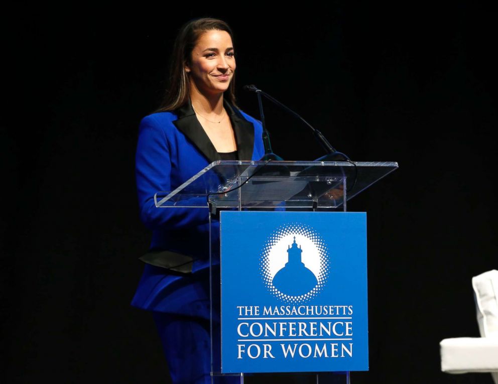 PHOTO: Captain of the gold medal-winning U.S. Olympic women's gymnastics teams in 2012 and 2016 Aly Raisman speaks during 2018 Massachusetts Conference For Women in Boston, Dec. 5, 2018.