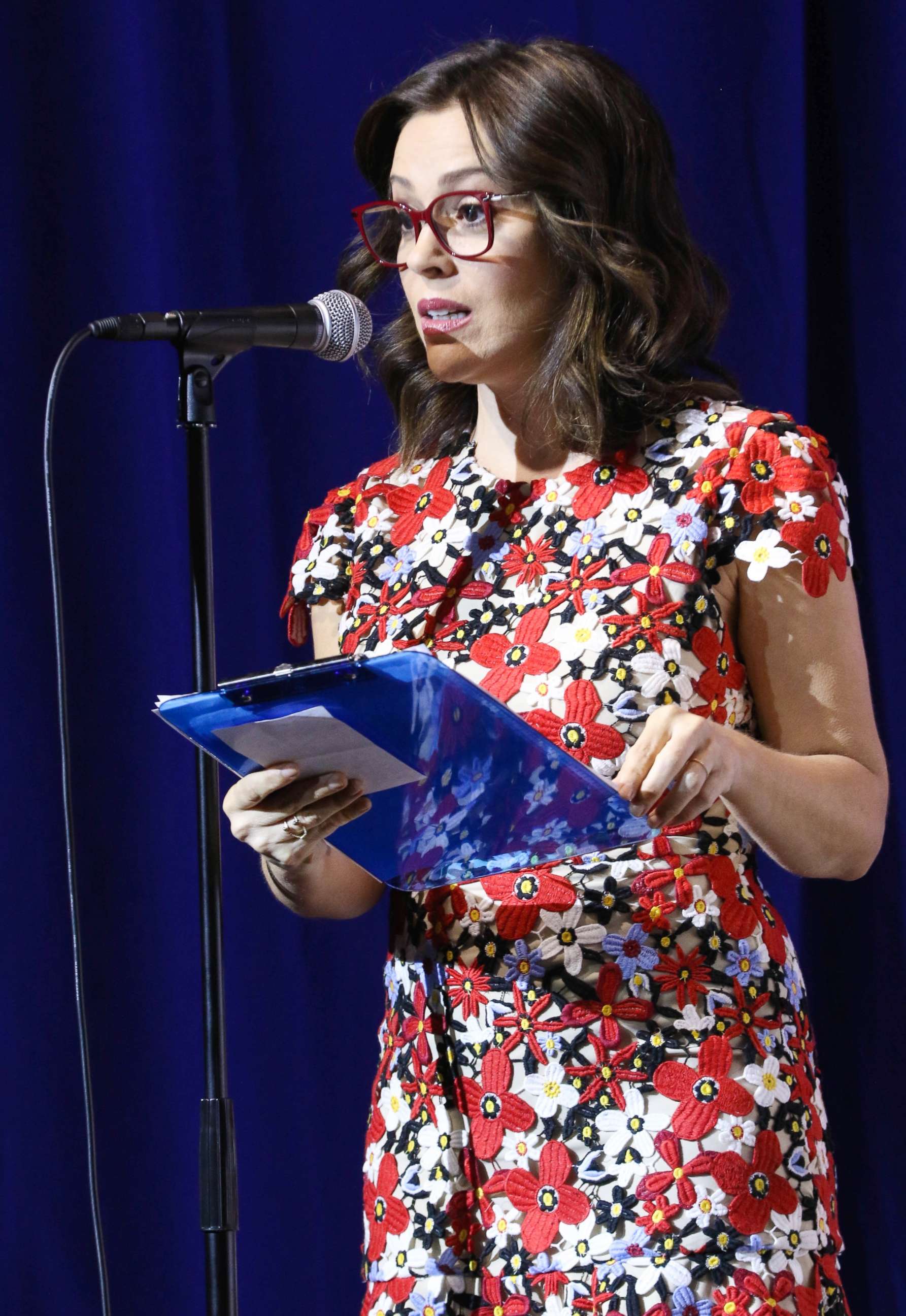 PHOTO: Actress Alyssa Milano moderates the 25th Congressional District Democratic Candidate Debate Presented by NextGen America at The Canyon, May 8, 2018, in Santa Clarita, Calif. 