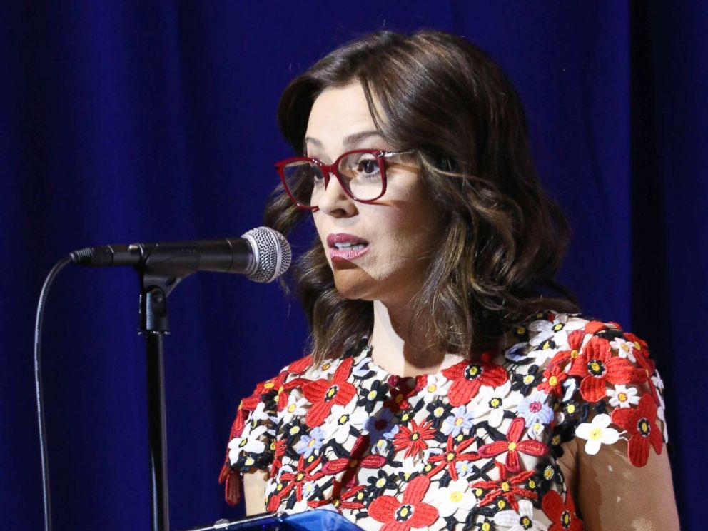 PHOTO: Actress Alyssa Milano moderates the 25th Congressional District Democratic Candidate Debate Presented by NextGen America at The Canyon, May 8, 2018, in Santa Clarita, Calif.