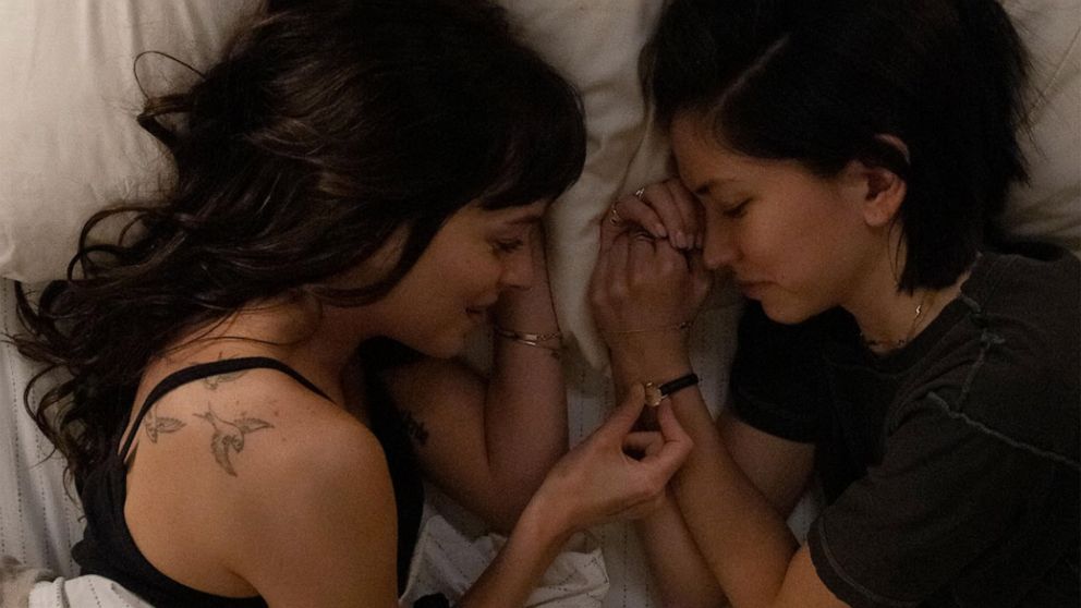 PHOTO: Dakota Johnson and Sonoya Mizuno are shown in a still from the movie, "Am I OK?"