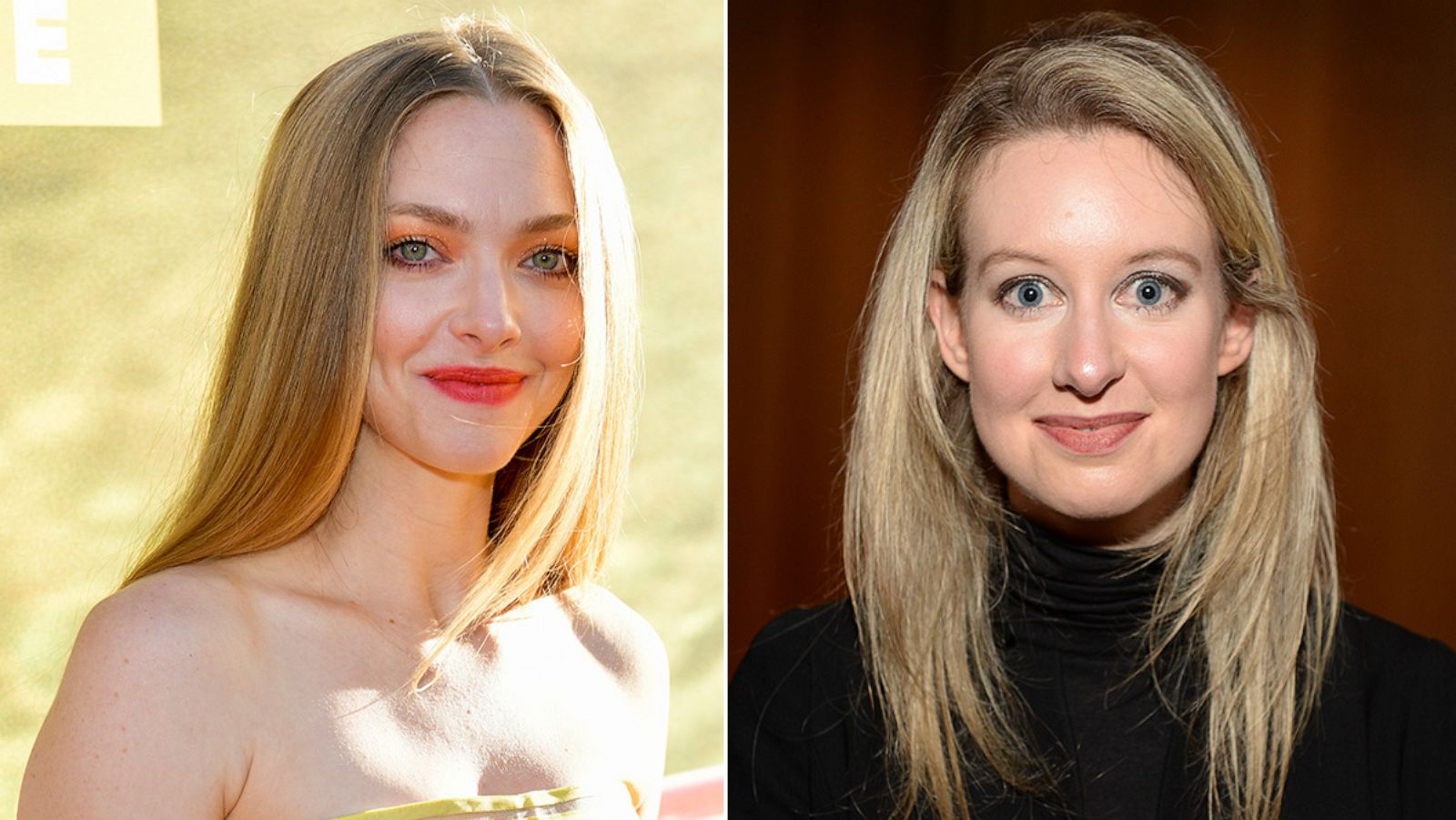 PHOTO: Amanda Seyfried attends the premiere of 20th Century Fox's "The Art of Racing in the Rain," Aug. 1, 2019, in Los Angeles. Elizabeth Holmes attends the Vanity Fair New Establishment Summit cocktail party, Oct. 6, 2015, in San Francisco.