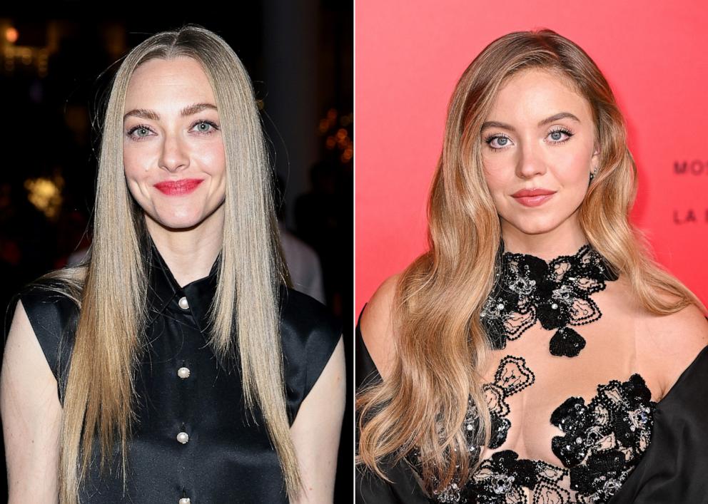 PHOTO: In this split image, Amanda Seyfried attends The Museum of Modern Art Film Benefit at Museum of Modern Art on Oct. 23, 2024 in New York City, and Sydney Sweeney attends the 2024 Armani Beauty dinner photocall on August 31, 2024 in Venice, Italy.