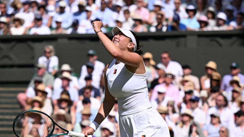 PHOTO: US player Amanda Anisimova celebrates after winning a point against Belarus's Aryna Sabalenka during their women's singles semi-final tennis match at the 2025 Wimbledon Championships in Wimbledon, southwest London, on July 10, 2025. 