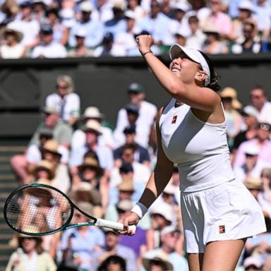 PHOTO: US player Amanda Anisimova celebrates after winning a point against Belarus's Aryna Sabalenka during their women's singles semi-final tennis match at the 2025 Wimbledon Championships in Wimbledon, southwest London, on July 10, 2025. 