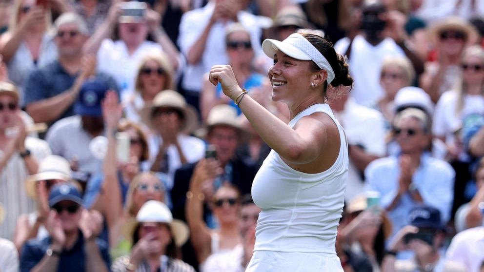 PHOTO: Amanda Anisimova of the U.S. celebrates winning her semi final match against Belarus' Aryna Sabalenka, July 10, 2025, at the Wimbledon Tennis Tournament in London.
