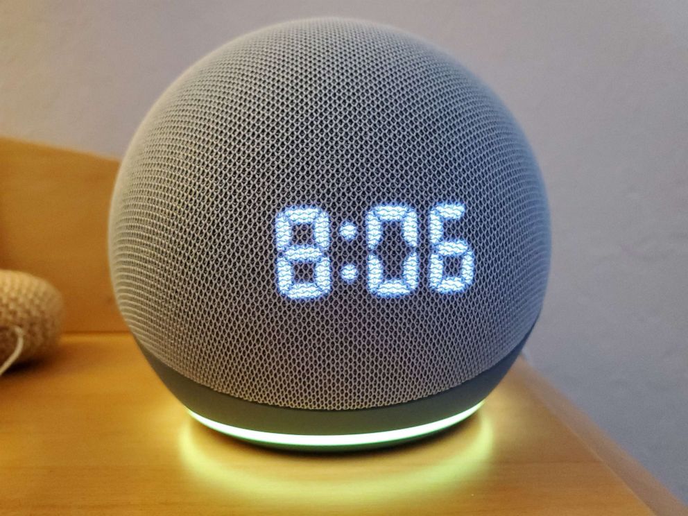 PHOTO: An Amazon Echo Dot smart speaker with clock and Alexa sits on a night stand in Lafayette, Calif., Jan. 22, 2021.