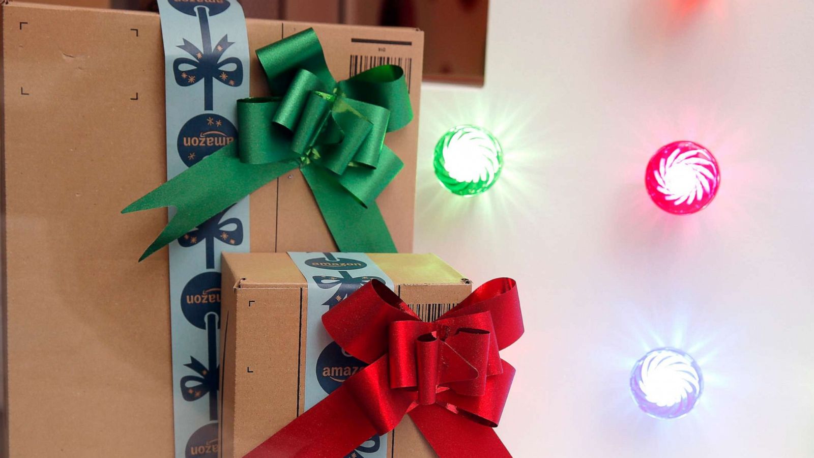 PHOTO: Amazon packages are decorated for the holidays.