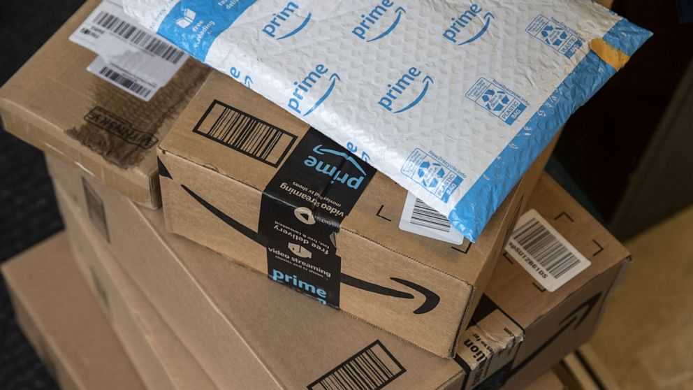 PHOTO: In this Oct. 13, 2020, file photo, Amazon boxes are shown during a delivery in New York.